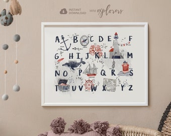 Nautical ABC poster, Nautical themed nursery art, Learning letters, Toddler bedroom print, Printable alphabet, Big boy room decor