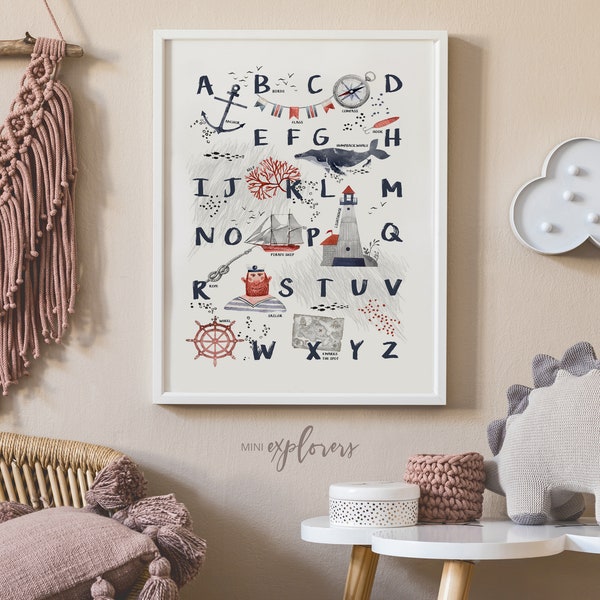 Nautical alphabet, Nautical nursery art, Printable alphabet poster , Ocean theme nursery, Boy bedroom art, Toddler room decor, ABC poster,