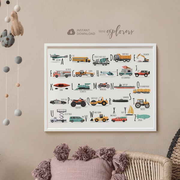 Car alphabet poster, Transportation print, Vehicle wall art, Boy room decor, Toddler nursery art, ABC printable, Horizontal playroom print