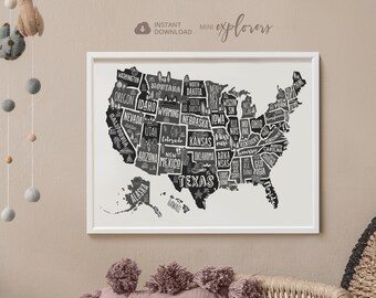 Black and white USA wall art for kids, Map of America, Monochrome nursery, Children's world map, Printable USA map, Toddler room art