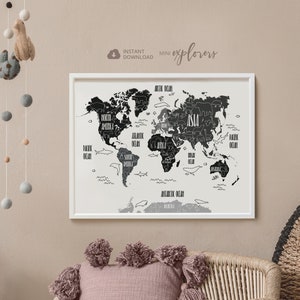 Tier Karte Kindergarten, monochrome Kinder Karte, Weltkarte Plakat, schwarz und weiß Kinder Weltkarte, Wald Kindergarten Kunst, Kinder-Wand-Dekor