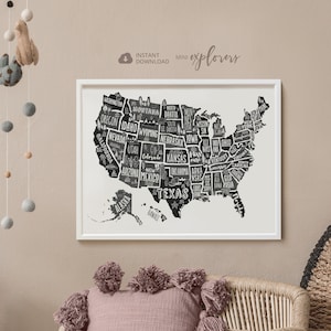 Zwart-witte de muurkunst van de V.S. voor jonge geitjes, Kaart van Amerika, Monochrome kinderdagverblijf, De wereldkaart van kinderen, Afdrukbare de kaart van de V.S., De ruimtekunst van de peuter
