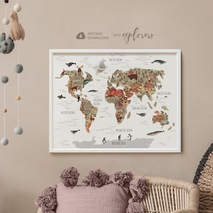 Mapa com animais, arte de berçário da floresta, decoração neutra de gênero, impressão de mapa-múndi, arte de parede para crianças, pôster de mapa para impressão, mapa grande do mundo
