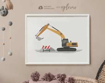 De druk van de graafwerktuig, De vrachtwagen van de bouw, De affiche van het voertuig, De muurkunst van het vervoer, De ruimtedecor van de peuter, De ruimtekunst van de jongen, Gele vrachtwagen, De kinderkamer van de jongen