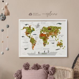 Mapa-múndi para impressão, impressão de berçário com tema floresta, ilustração de mapa-múndi, impressão de mapa-múndi animal, decoração de quarto infantil, pôster de aventura,