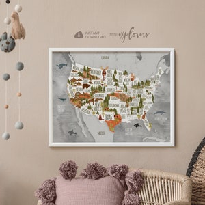 USA Karte für Kinder, vereint Staaten Plakat, illustrierte Karte Drucken, geschlechtsneutrale Kinderzimmer Dekor, Wald Kindergarten, Kleinkind Wandkunst, Tier Karte