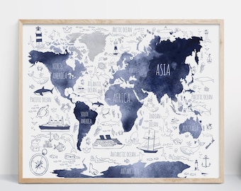 Marineblaue Karte für Kinderzimmer, Nautische Karte, Weltkarte zum selbst ausdrucken, Weltkarte fürs Kinderzimmer, Weltkarte fürs Kind, Geschenk für Junge, Weltkarte fürs Kinderzimmer, Weltkarte fürs Kind