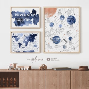 Juego de arte de guardería para niños, Mapa del mundo azul marino, Sistema solar, Juego de impresión Baby boy 3, Guardería náutica, Carteles de aventuras, Nunca dejes de explorar