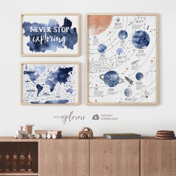 Boy nursery art set, Navy blue world map, Solar system, Baby boy 3 print set , Nautical nursery, Adventure posters, Never stop exploring