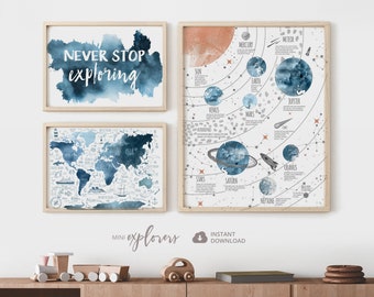 Toddler boy room decor, Set of 3 prints, Sky blue nursery art, World map for kids, Never stop exploring, Solar system poster, Printable art