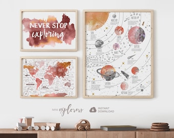 Pink nursery art, Set of 3 prints, Girl room printable, Watercolor poster, World map, Solar system, Never stop exploring, Baby quote decor