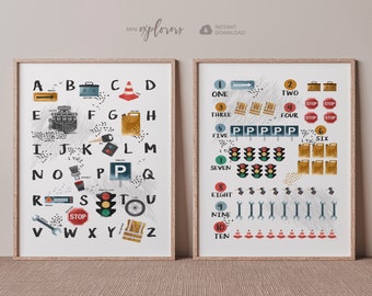 Car themed print set, Alphabet and numbers wall art, Transport nursery art, Boy bedroom decor, Toddler boy poster, ABC and 123 printable