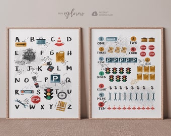 Auto Themen Druck Set, Alphabet und Zahlen Wandkunst, Transport Kinderzimmer Kunst, junge Schlafzimmer Dekor, Kleinkind junge Plakat, ABC und 123 druckbare