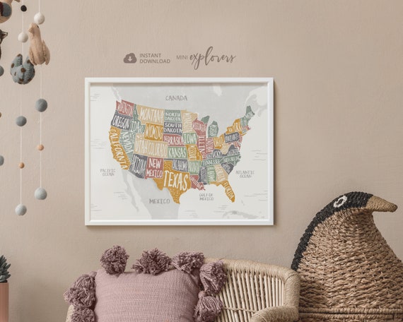 Mapa de EE.UU. para niños, cartel de Los Estados Unidos, Impresión de mapa  ilustrado, Decoración de vivero neutral de género, Arte de pared para niños  pequeños -  España