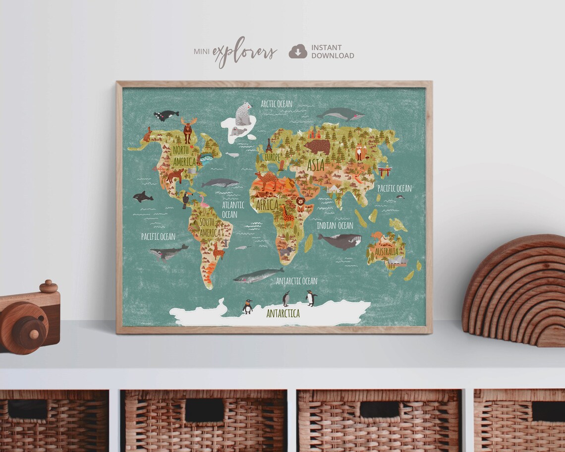 Kids World Map Print Printable Animal Map Adventure Nursery | Etsy