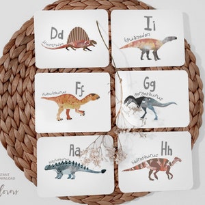 Flashcards ABC, cartões do alfabeto de dinossauros, letras de aprendizagem, alfabeto para impressão, jogos infantis para impressão, download instantâneo, arte de parede de dinossauros
