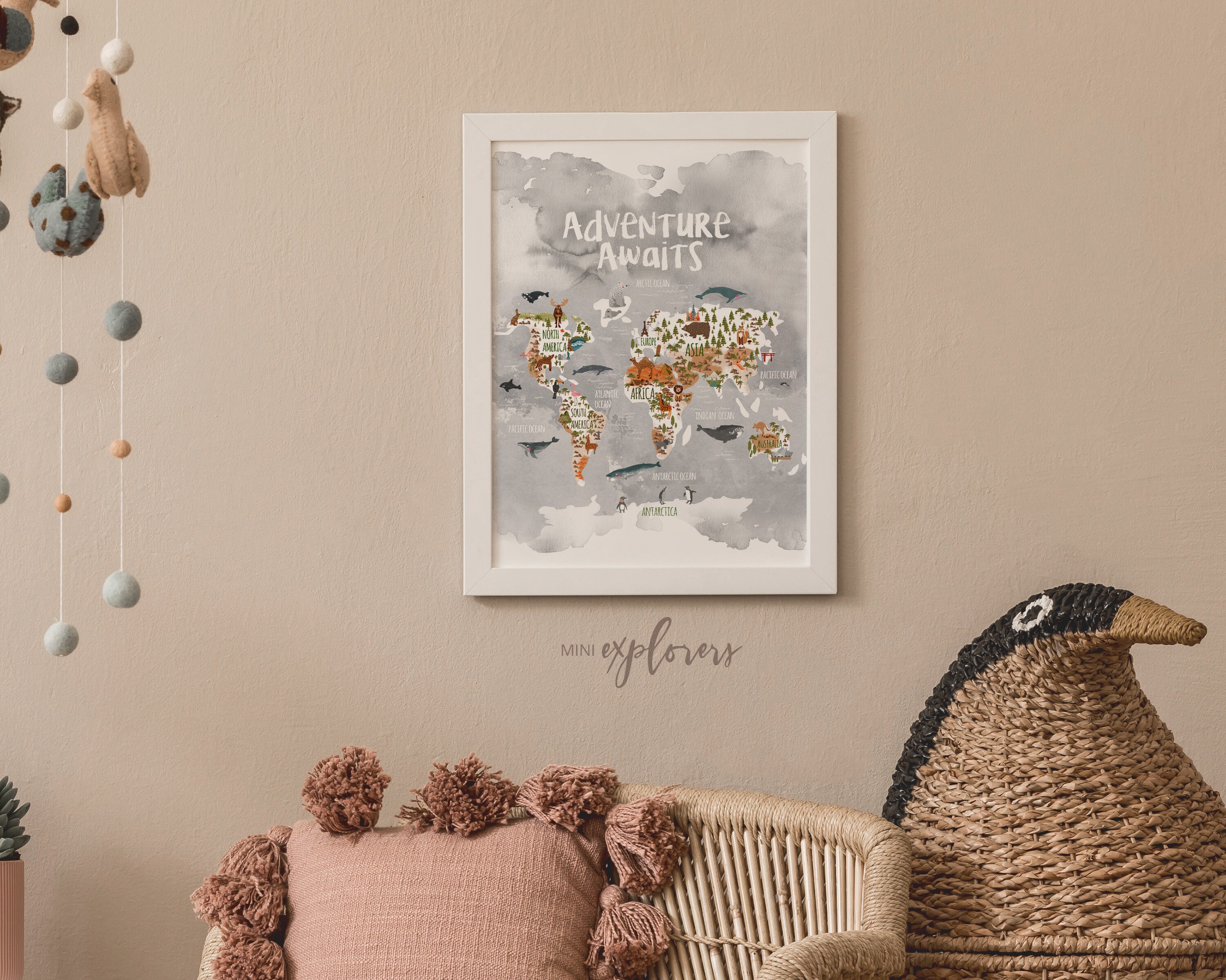 Animal World Map, Woodland Nursery, Kids World Map Print, Watercolor ...