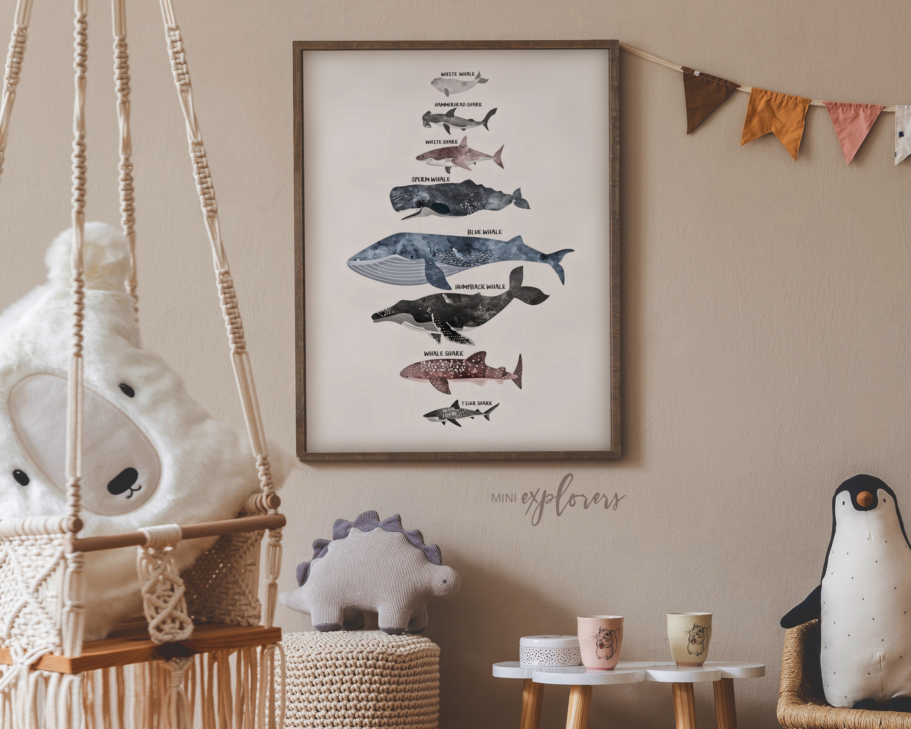 Whale and Shark Art Print, Nautical Nursery Decor, Educational Print ...