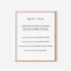 Puede incluir: Una impresi&oacute;n enmarcada con el texto "PRINT FILES" e informaci&oacute;n sobre las im&aacute;genes JPG de alta resoluci&oacute;n incluidas para imprimir en varios tama&ntilde;os. El texto incluye las proporciones y los tama&ntilde;os de las im&aacute;genes, como 8"x10", 12"x16" y 16"x20".
