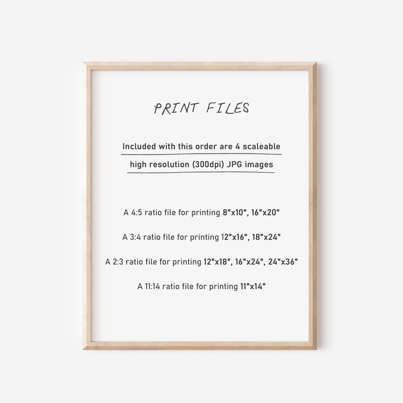 Puede incluir: Una impresi&oacute;n enmarcada con el texto "PRINT FILES" e informaci&oacute;n sobre las im&aacute;genes JPG de alta resoluci&oacute;n incluidas para imprimir en varios tama&ntilde;os. El texto incluye las proporciones y los tama&ntilde;os de las im&aacute;genes, como 8"x10", 12"x16" y 16"x20".
