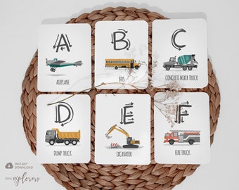 ABC flashcards, Vehicle alphabet cards, Learning letters, Printable alphabet, Printable kid games, Instant download, Vehicle wall art