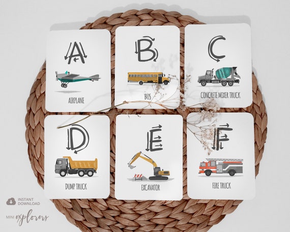 ABC flashcards, Vehicle alphabet cards, Learning letters, Printable alphabet, Printable kid games, Instant download, Vehicle wall art