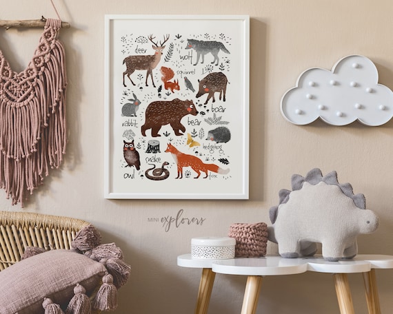 Woodland animal printable art, Forest nursery decor, woods theme print, Kid animal poster, Woodland wall decor, Bear, Fox, Deer, Bunny, Wolf