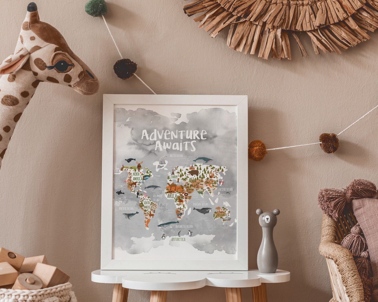 Animal World Map Woodland Nursery Kids World Map Print | Etsy