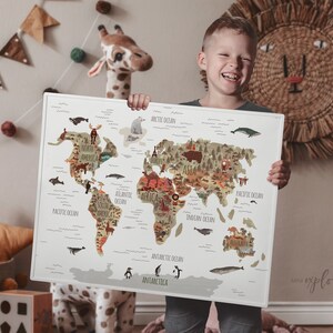 Map with animals, Woodland nursery art, Gender neutral decor, World map print, Toddler wall art, Printable map poster,Large map of the world image 3