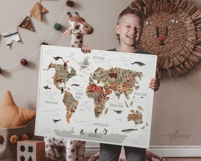 Map with animals, Woodland nursery art, Gender neutral decor, World map print, Toddler wall art, Printable map poster,Large map of the world image 3