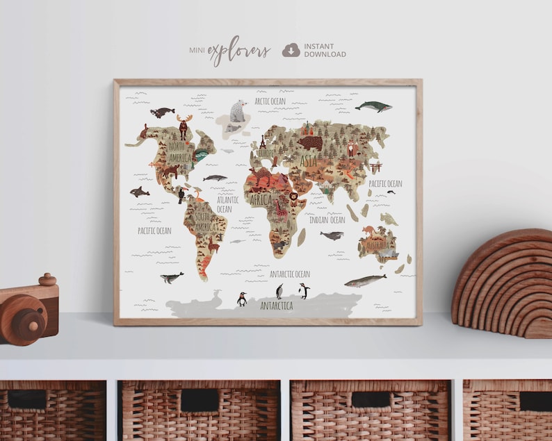 Map with animals, Woodland nursery art, Gender neutral decor, World map print, Toddler wall art, Printable map poster,Large map of the world image 2