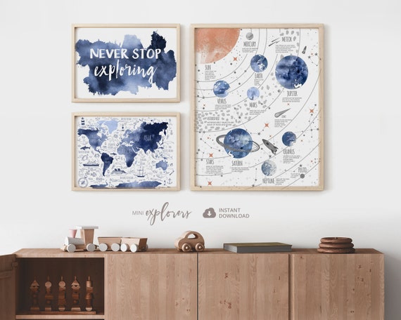 Boy nursery art set, Navy blue world map, Solar system, Baby boy 3 print set , Nautical nursery, Adventure posters, Never stop exploring