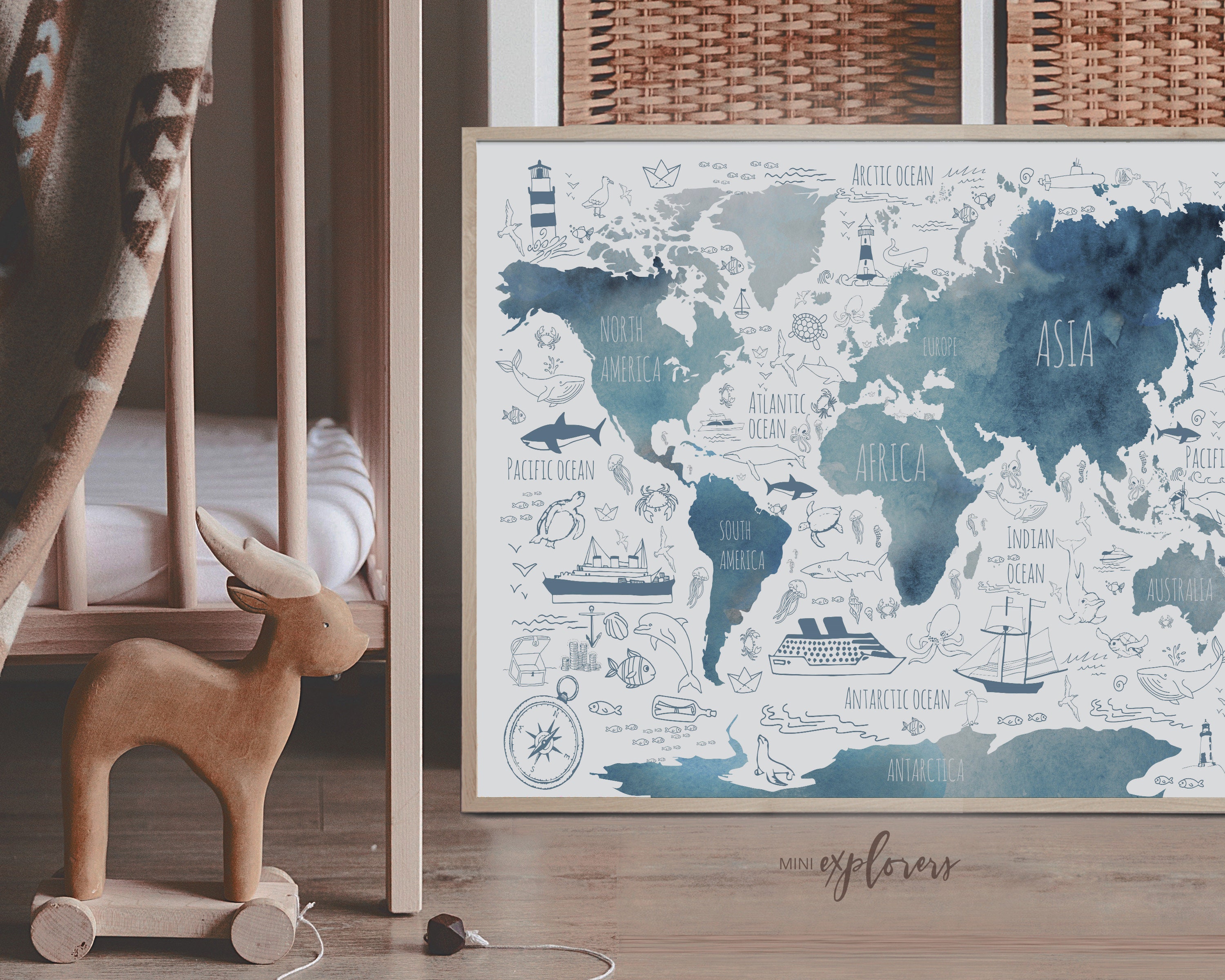 Watercolor World Map Print, Nautical Nursery Art, Kids Room Printable ...