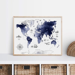 Navy blue map for kids, Nautical nursery art, Printable world map, Boys room wall art, Nautical boy gift, Globe poster, Watercolor world map image 3