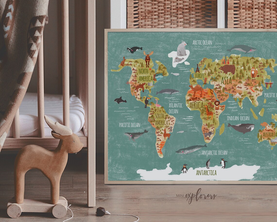 Kids World Map Print Printable Animal Map Adventure Nursery | Etsy