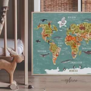 Kids World Map Print, Printable Animal Map, Adventure Nursery Art ...