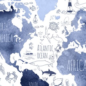 May include: A watercolour world map in shades of blue with hand-drawn illustrations of sea creatures, boats, and continents. The map includes the text "North America", "Atlantic Ocean", "Africa", "Europe", and "South".