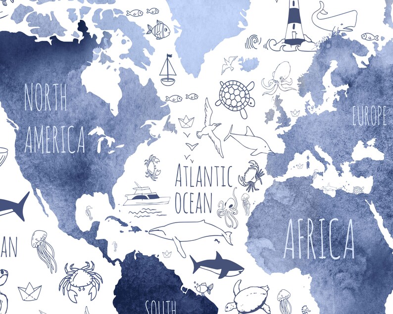 May include: A watercolour world map in shades of blue with hand-drawn illustrations of sea creatures, boats, and continents. The map includes the text "North America", "Atlantic Ocean", "Africa", "Europe", and "South".