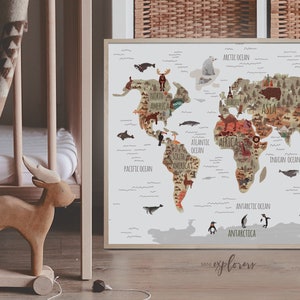 Map with animals, Woodland nursery art, Gender neutral decor, World map print, Toddler wall art, Printable map poster,Large map of the world image 4
