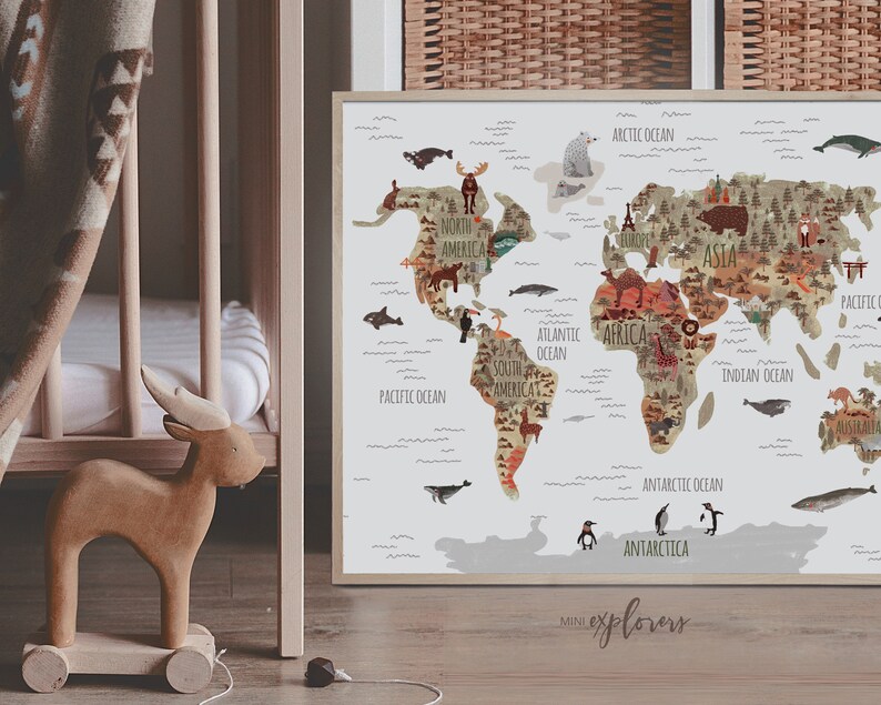 Map with animals, Woodland nursery art, Gender neutral decor, World map print, Toddler wall art, Printable map poster,Large map of the world image 4