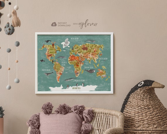 Kids World Map Print Printable Animal Map Adventure Nursery | Etsy