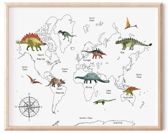 Dinosaurier Weltkarte Druck - Sofort Download