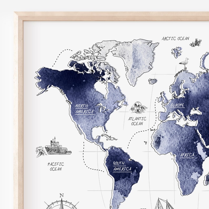Navy blue map for kids, Nautical nursery art, Printable world map, Boys room wall art, Nautical boy gift, Globe poster, Watercolor world map image 2