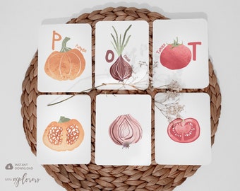 50 vegetable alphabet cards + alphabet print, Printable matching game for kids, Alphabet flashcards, Playroom ABC printable, Classroom decor
