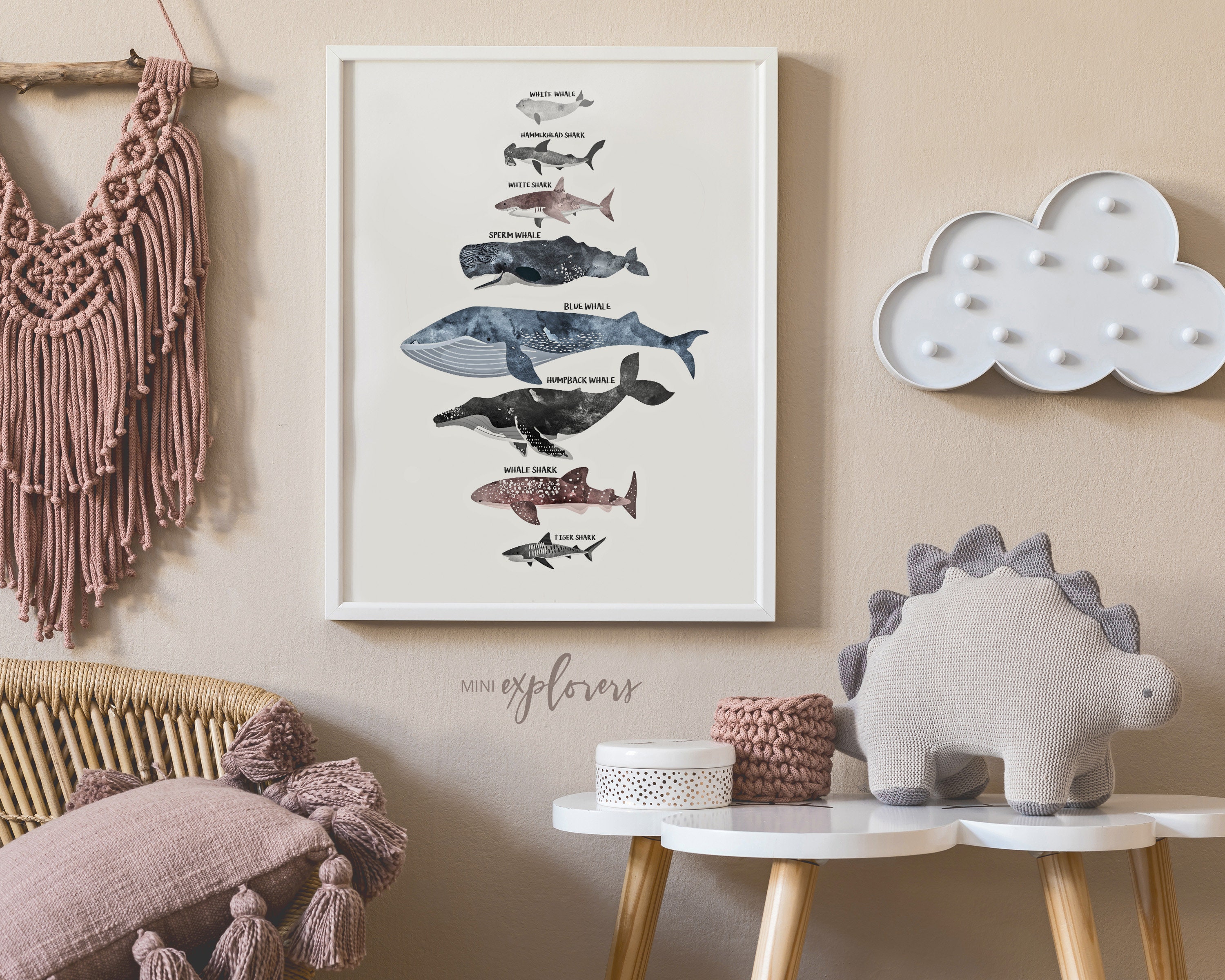 Whale and shark art print Nautical nursery decor
