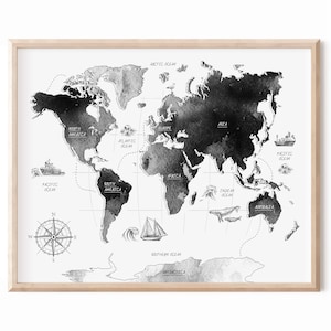 Monochrome Weltkarte, Maritime Kinderzimmer Kunst, Schwarz-Weiß Karte, Kinderzimmer Druck, Druckbare Karte Poster, JungeZimmer Wandkunst, Kinder Karte