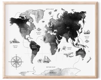 Monochrome world map, Nautical nursery art, Black and white map, Toddler bedroom print, Printable map poster, Boy room wall art, Kids map