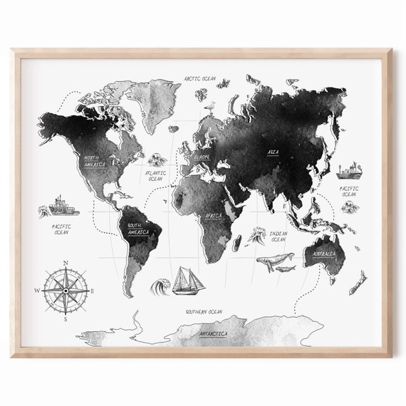 Monochrome world map, Nautical nursery art, Black and white map, Toddler bedroom print, Printable map poster, Boy room wall art, Kids map