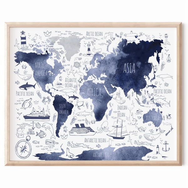 Navy blue map for kids, Nautical nursery art, Printable world map, Boys room wall art, Nautical boy gift, Globe poster, Watercolor world map