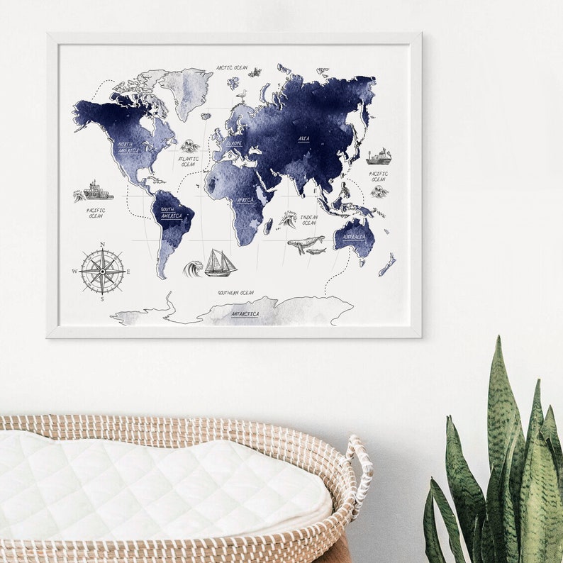 Navy blue map for kids, Nautical nursery art, Printable world map, Boys room wall art, Nautical boy gift, Globe poster, Watercolor world map image 4